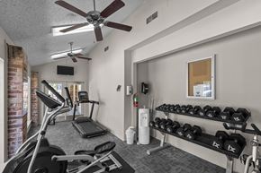 Dallas apartment for rent - A gym with a treadmill, elliptical machines, and dumbbells.