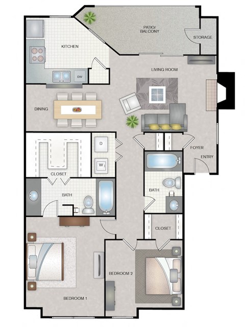Floor plan for 2 beds, 2 baths, 1019 sqft