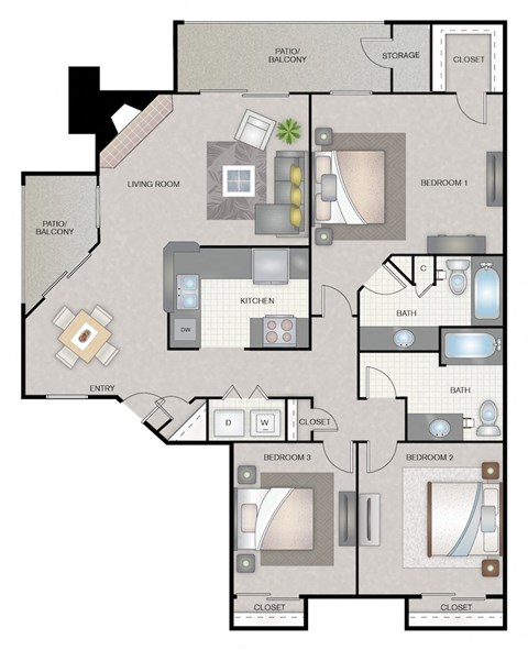 Floor plan for 3 beds, 2 baths, 1260 sqft