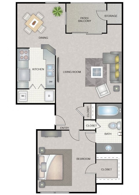 Floor plan for 1 bed, 1 bath, 654 sqft