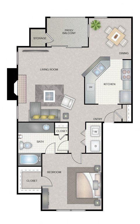 Floor plan for 1 bed, 1 bath, 766 sqft