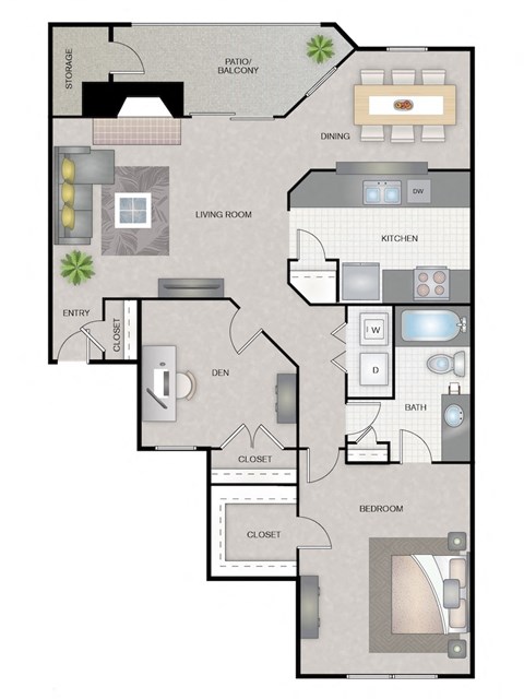 Floor plan for 1 bed, 1 bath, 877 sqft