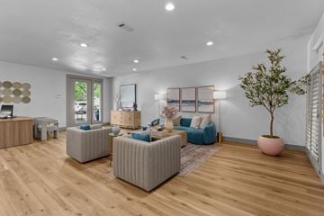 Bedford apartment for rent - A living room with a blue couch and a pink tree.