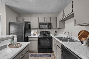Arlington apartment for rent - A kitchen with a black refrigerator and a black oven.