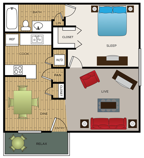 Floor plan for 1 bed, 1 bath, 675 sqft