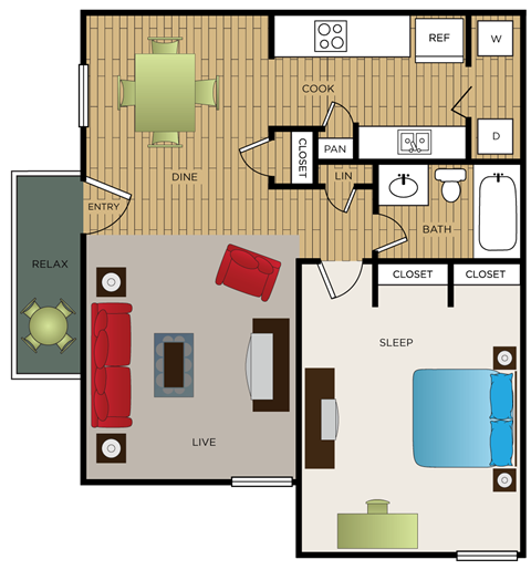 Floor plan for 1 bed, 1 bath, 725 sqft