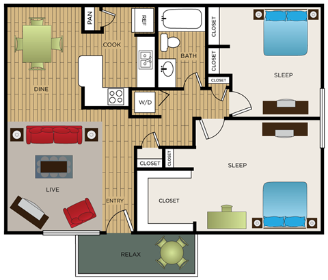 Floor plan for 2 beds, 1 bath, 875 sqft