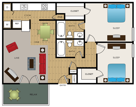 Floor plan for 2 beds, 2 baths, 1000 sqft