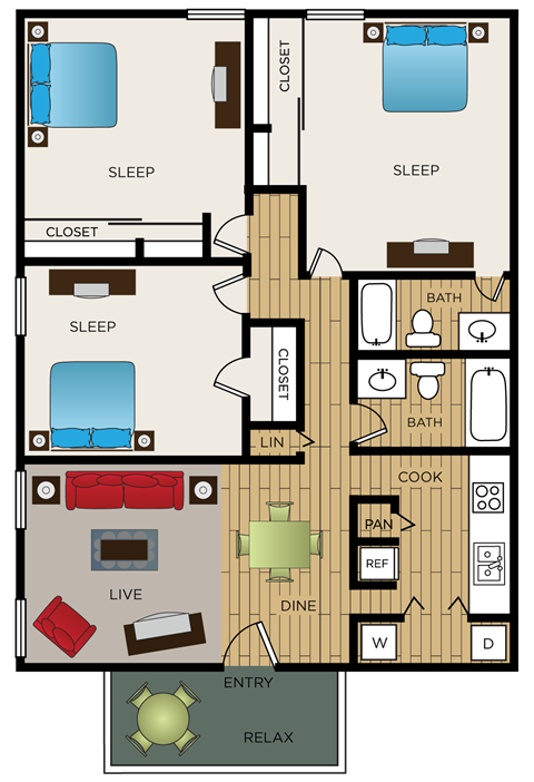 Floor plan for 3 beds, 2 baths, 1176 sqft