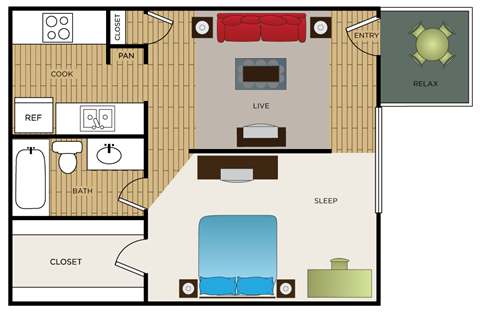 Floor plan for studio, 1 bath, 500 sqft