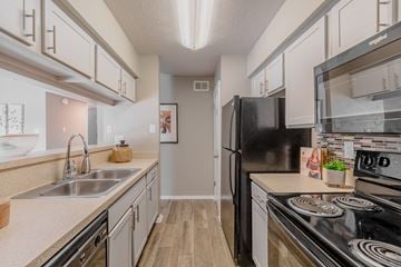 Mesquite apartment for rent - A kitchen with a black fridge and stove top oven.