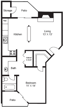 Floor plan for 1 bed, 1 bath, 599 sqft