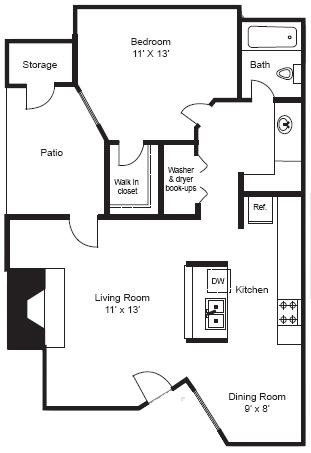Floor plan for 1 bed, 1 bath, 675 sqft