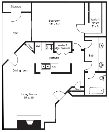 Floor plan for 1 bed, 1 bath, 796 sqft