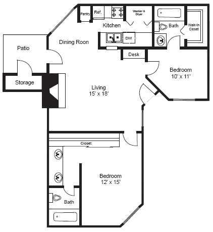 Floor plan for 2 beds, 2 baths, 938 sqft