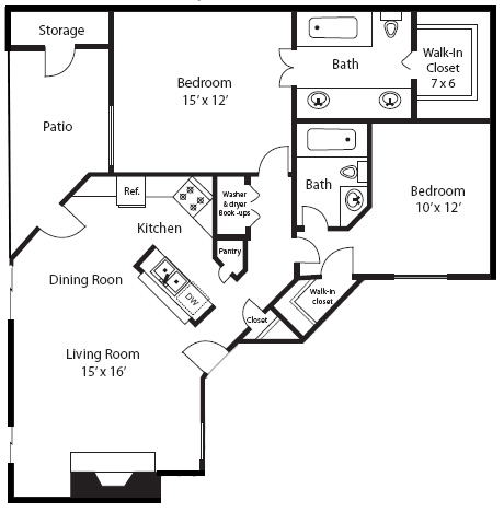 Floor plan for 2 beds, 2 baths, 991 sqft