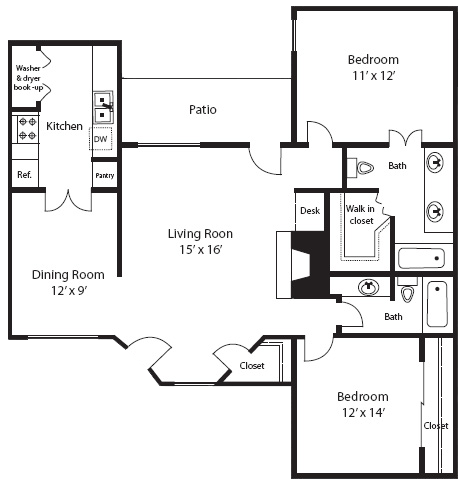 Floor plan for 2 beds, 2 baths, 1118 sqft