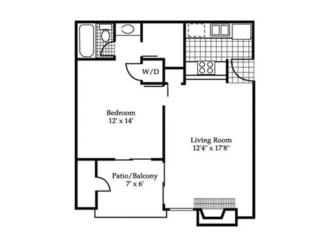 Floor plan for 1 bed, 1 bath, 600 sqft