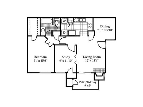 Floor plan for 2 beds, 1 bath, 874 sqft