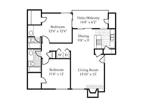 Floor plan for 2 beds, 2 baths, 1000 sqft