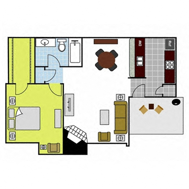 Floor plan for 1 bed, 1 bath, 681 sqft