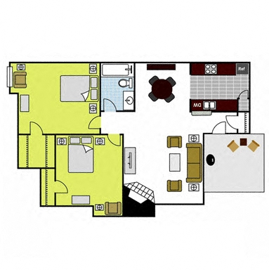 Floor plan for 2 beds, 1 bath, 861 sqft