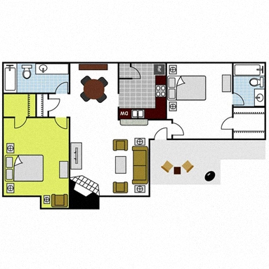 Floor plan for 2 beds, 2 baths, 912 sqft