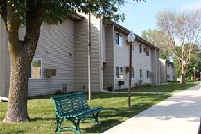 Watertown apartment for rent - A green bench sits under a tree next to a sidewalk.