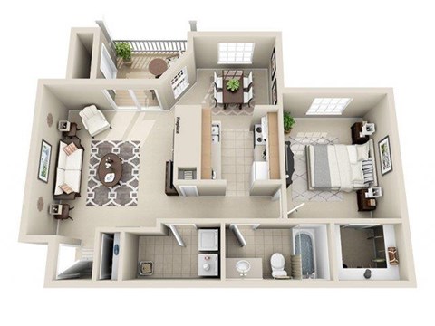Floor plan for 1 bed, 1 bath, 730 sqft