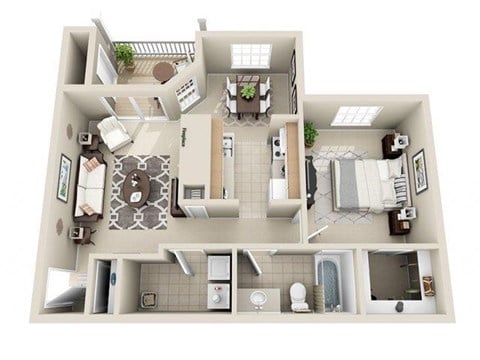 Floor plan for 1 bed, 1 bath, 676 sqft