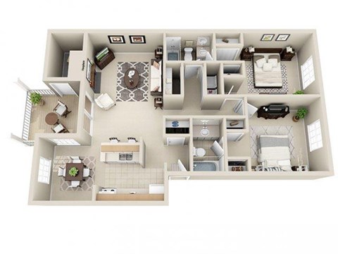 Floor plan for 2 beds, 2 baths, 1053 sqft