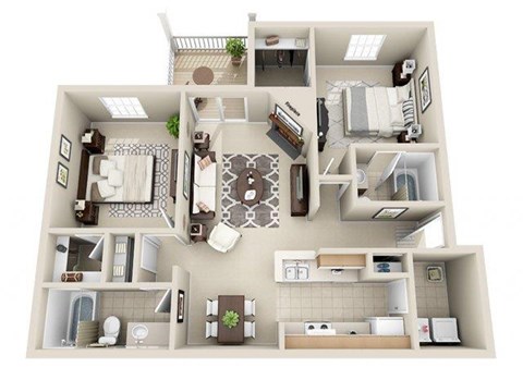 Floor plan for 2 beds, 2 baths, 1000 sqft