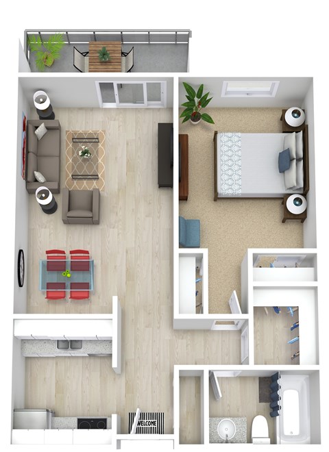 Floor plan for 1 bed, 1 bath, 708 sqft