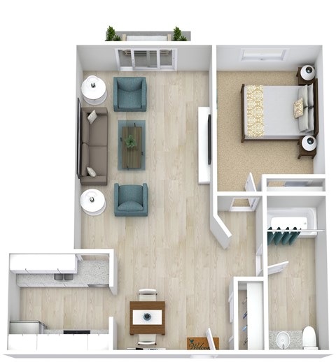Floor plan for 1 bed, 1 bath, 700 sqft