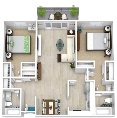 Floor plan for 2 beds, 2 baths, 981 sqft