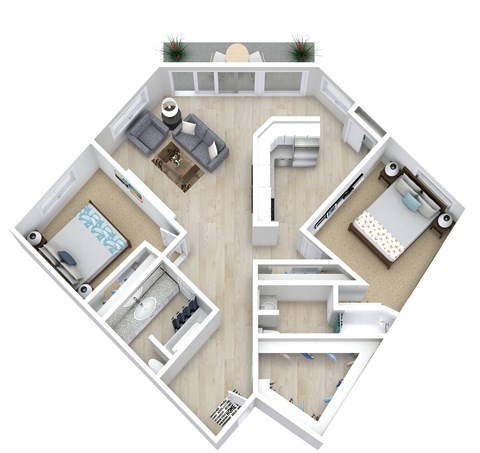 Floor plan for 2 beds, 2 baths, 1055 sqft