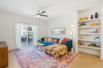 Kyle apartment for rent - A living room with a blue couch and a colorful rug.