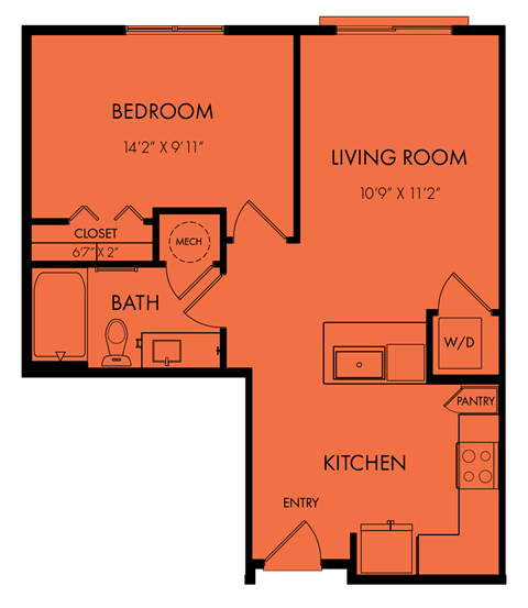 Floor plan for 1 bed, 1 bath, 647 sqft
