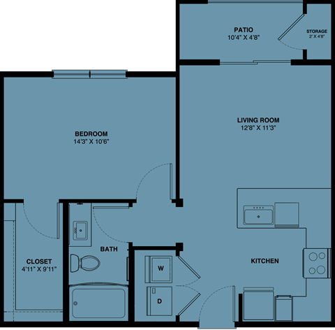 Floor plan for 1 bed, 1 bath, 619 sqft