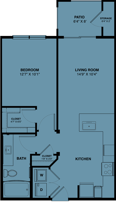 Floor plan for 1 bed, 1 bath, 659 sqft