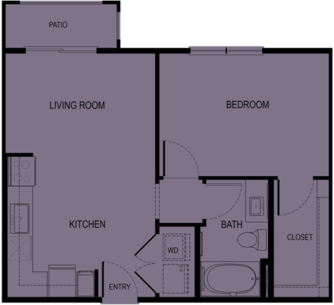 Floor plan for 1 bed, 1 bath, 600 sqft