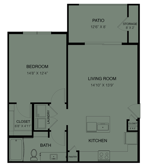 Floor plan for 1 bed, 1 bath, 765 sqft