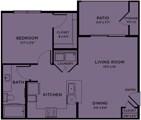 Floor plan for 1 bed, 1 bath, 705 sqft