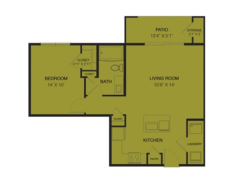 Floor plan for 1 bed, 1 bath, 730 sqft