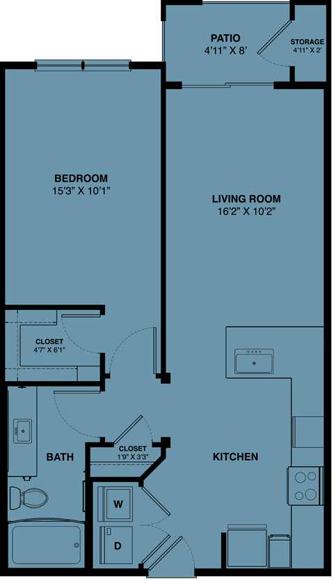 Floor plan for 1 bed, 1 bath, 704 sqft