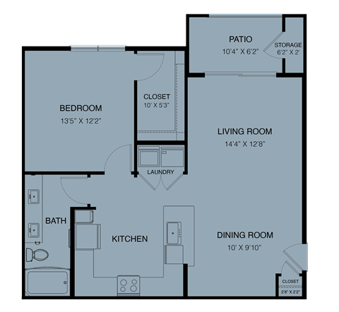 Floor plan for 1 bed, 1 bath, 850 sqft