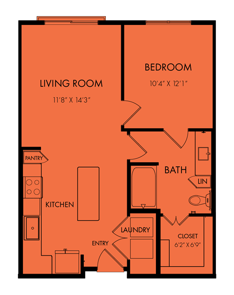 Floor plan for 1 bed, 1 bath, 710 sqft