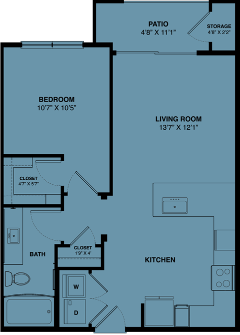 Floor plan for 1 bed, 1 bath, 671 sqft
