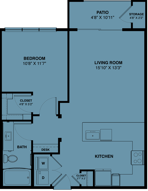Floor plan for 1 bed, 1 bath, 740 sqft