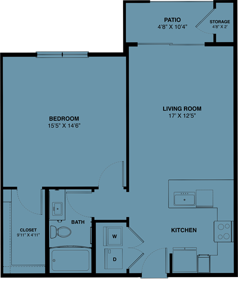 Floor plan for 1 bed, 1 bath, 767 sqft